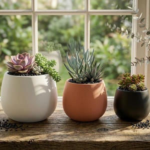 May include: Three succulent plants in egg-shaped pots on a wooden surface. The pots are white, terracotta, and black. The succulents display shades of green, purple, and red. The background is a window with a blurred green view.