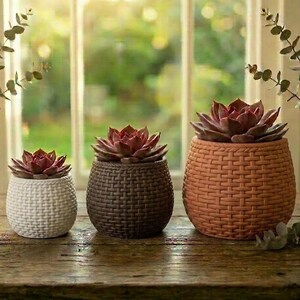 Woven Basket Planter Pot, 3D Printed Wicker Rattan Texture, Farmhouse Boho Decor