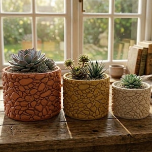 Jardinière succulente imprimée en 3D avec texture de pierre - Pot design moderne en galets (3 tailles, 33 couleurs)