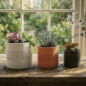 May include: Three cylindrical planters with succulents sit on a wooden surface. The planters are off-white, terracotta, and dark green. Each planter has an Arabic inscription. The succulents include a pinkish-purple succulent, and green succulents.