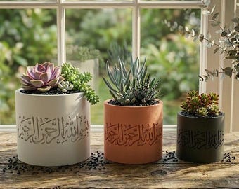 Doniczka na sukulenty z arabską kaligrafią Bismillah – prezent islamski, muzułmański wystrój domu, prezent na Ramadan