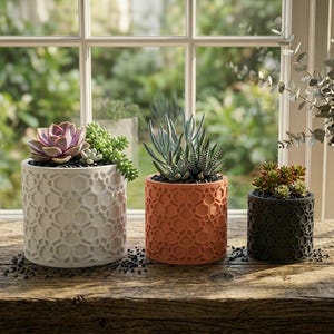 May include: Three decorative succulent planters in varying sizes and colors. The planters are cylindrical with a geometric pattern. The plants include a pink succulent, a blue-green succulent, and a small green succulent. The planters are on a wooden surface.
