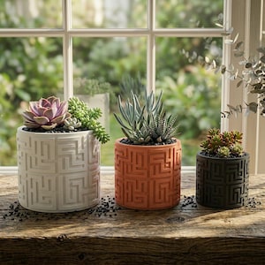 May include: Three decorative cylindrical planters with succulents. The planters are in white, orange, and black, each with a geometric pattern. The succulents have varying colors of green, purple, and red. The planters are on a wooden surface.