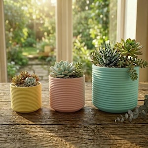 May include: Three cylindrical planters in yellow, pink, and teal, each filled with succulents. The planters have a ribbed texture and sit on a wooden surface. The background features a window with a view of greenery.