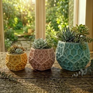Puede incluir: Tres macetas geométricas de cerámica en amarillo, rosa y turquesa, cada una llena de suculentas. Las macetas están sobre una superficie de madera cerca de una ventana, con luz natural que ilumina la escena. Las macetas tienen un diseño de panal.