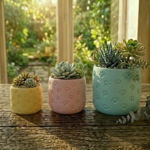 Vaso para suculentas com estampa de pata em tons pastel – Vaso impresso em 3D com relevo para amantes de animais de estimação, presente para mães de cachorros e gatos