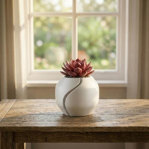 May include: A white ceramic planter with a spiral design holds a red succulent plant. The spherical pot sits on a wooden table, with a window and natural light in the background. The plant is approximately 6 inches tall.