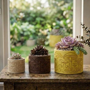 May include: Three cylindrical planters in cream, dark brown, and yellow, each featuring an embossed mushroom pattern. The planters hold various succulents, with the largest yellow pot containing a prominent purple-toned succulent plant.