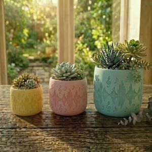 May include: Three cylindrical ceramic planters in yellow, pink, and light blue, each featuring an embossed sound wave pattern and musical notes. The planters contain various green succulents, with the largest holding a striped Haworthia.