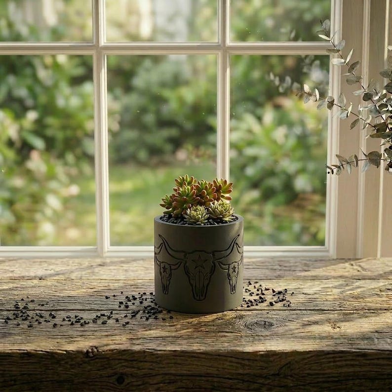 Texas Longhorn Succulent Planter – Bull Skull Embossed 3D Printed Pot, Western Cowboy Decor Gift image 5