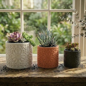 May include: Three decorative ceramic planters with succulents sit on a wooden surface in front of a window. The planters are cream, orange, and dark green, each with a geometric pattern. The succulents are various shades of green and purple.
