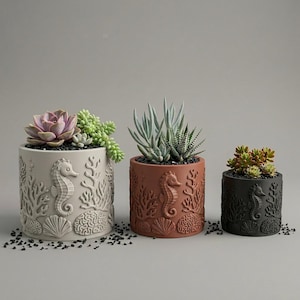 May include: Three cylindrical planters in light gray, terracotta, and black, each featuring embossed seahorse, coral, and seashell designs. The planters hold various green and purple succulents, with small black pebbles scattered at their bases.