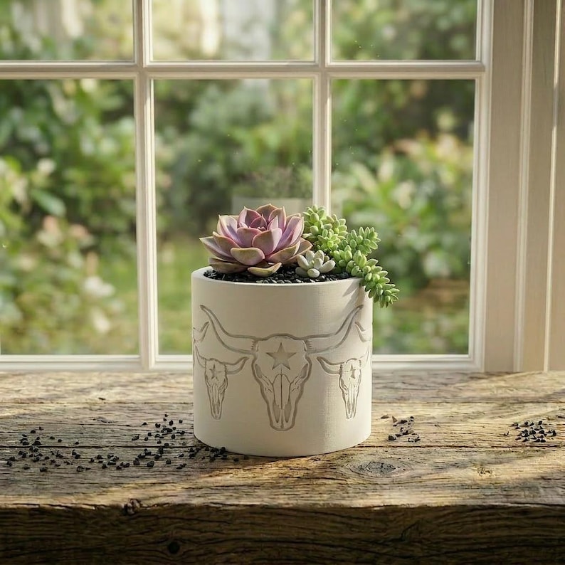 Texas Longhorn Succulent Planter – Bull Skull Embossed 3D Printed Pot, Western Cowboy Decor Gift 2 - Deep Black