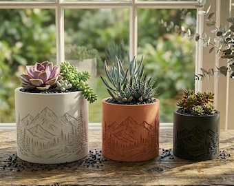 Maceta para suculentas de las Montañas Rocosas – Maceta impresa en 3D con relieve de paisaje de montaña, regalo para amantes de la naturaleza y el senderismo.