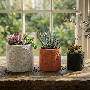 May include: Three decorative square planters with succulents. The planters are in white, terracotta, and black, each with an embossed circular design. The plants include a purple succulent, a green succulent, and a blue succulent.
