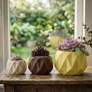 May include: Three geometric planters in cream, dark brown, and yellow, each featuring a faceted, multi-sided surface. The planters hold various succulent plants, with the largest yellow pot containing a cluster of purple and green succulents.
