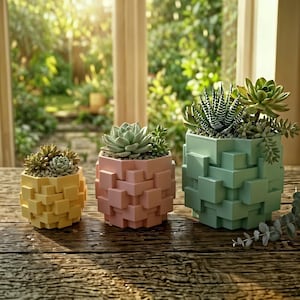May include: Three geometric cube-shaped planters in yellow, pink, and green, each filled with succulents. The planters sit on a wooden surface, with a bright outdoor background visible through a window.