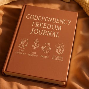 May include: A rectangular journal with a matte terracotta cover. The front cover features the gold-colored text 'CODEPENDENCY FREEDOM JOURNAL' at the top, followed by four line-art illustrations of plants and hands with illegible text below each.