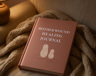 May include: A terracotta-colored hardcover journal with the white text MOTHER WOUND HEALING JOURNAL printed on the front cover. Below the text is a simple line drawing of two figures, one larger than the other, connected by a continuous line.