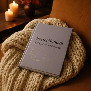 Könnte beinhalten: Ein hellgraues Hardcover-Journal mit dem Titel Perfectionism SHADOW JOURNAL in schwarzer Schrift auf dem Einband, ergänzt durch feine goldene Linienzeichnungen kreisförmiger Formen, das auf einem dicken cremefarbenen Strickstoff liegt.