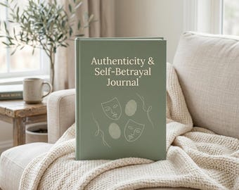 May include: A sage green hardcover journal with the text Authenticity & Self-Betrayal Journal printed in white. The cover features thin white line art illustrations of two theatrical masks and two fingerprints arranged in a symmetrical pattern.
