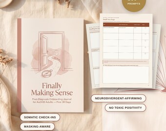 May include: A beige journal titled Finally Making Sense Post-Diagnosis Onboarding Journal for AuDHD Adults First 30 Days, featuring a line drawing of an open door and a compass. Includes internal pages with tables for Small Next Steps and prompts.