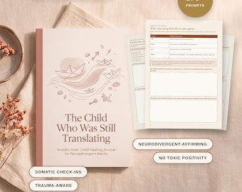 May include: A somatic inner child healing journal titled The Child Who Was Still Translating for neurodivergent adults. The cover features line art of paper boats and keys. Includes 72 pages, 6 modules, 170+ prompts, and is A4 and US Letter compatible. Features somatic check-ins and trauma-aware content.