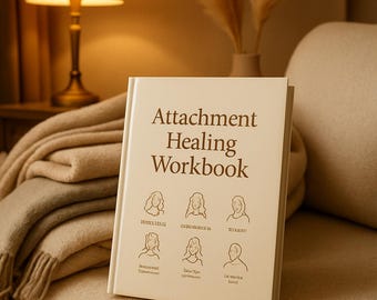 Puede incluir: Un libro de tapa dura color crema titulado Attachment Healing Workbook en texto marrón. La portada presenta seis ilustraciones de líneas simples de cabezas humanas, cada una acompañada de pequeñas etiquetas de texto borrosas.