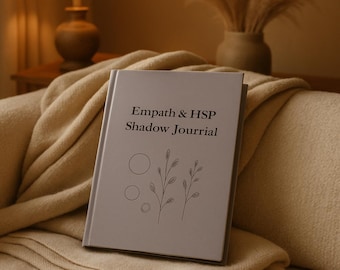 May include: A light gray hardcover journal with the text Empath & HSP Shadow Jourrial printed in black. The cover features a minimalist line art illustration of two leafy branches and three circles of varying sizes centered below the title text.