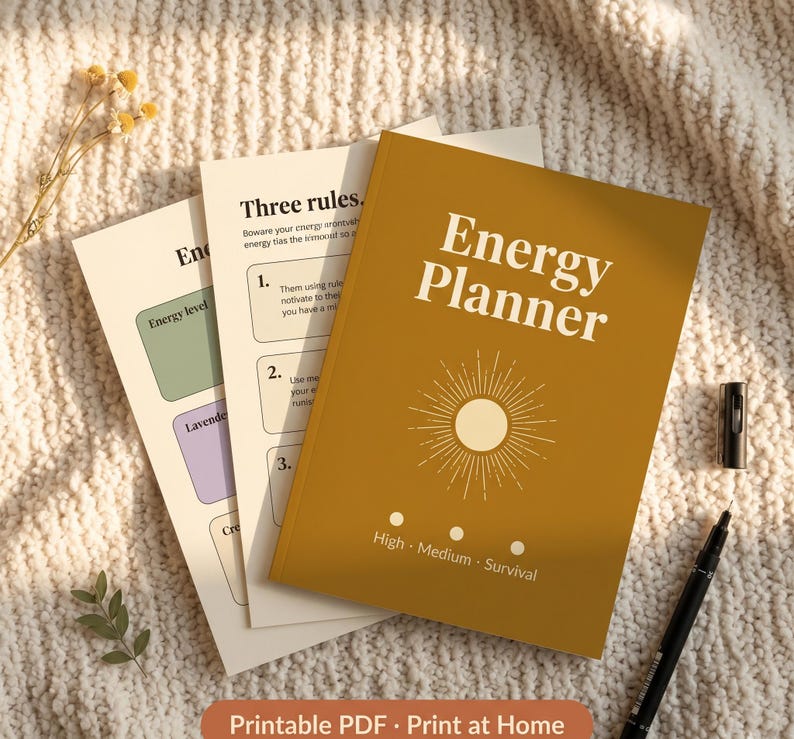 Puede incluir: Cuaderno "Energy Planner" de color mostaza con un dise&ntilde;o de sol y el texto "High - Medium - Survival". El planificador est&aacute; junto a dos p&aacute;ginas con texto y un bol&iacute;grafo negro. Las palabras "Printable PDF - Print at Home" est&aacute;n en la parte inferior.