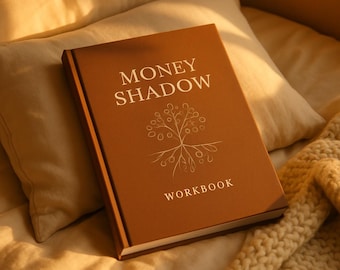 May include: A rectangular workbook with a solid brown cover featuring the white text MONEY SHADOW at the top and WORKBOOK at the bottom. A white line-art illustration of a tree with roots and circular leaves is centered between the text.