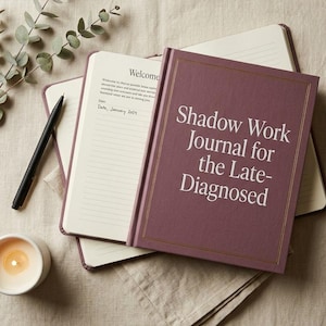 Puede incluir: Un diario burdeos titulado "Shadow Work Journal for the Late-Diagnosed" con ribete dorado. Un diario abierto, un bolígrafo negro y una vela encendida también son visibles. El diario está abierto en una página con papel rayado.