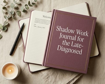 Puede incluir: Un diario burdeos titulado "Shadow Work Journal for the Late-Diagnosed" con ribete dorado. Un diario abierto, un bolígrafo negro y una vela encendida también son visibles. El diario está abierto en una página con papel rayado.
