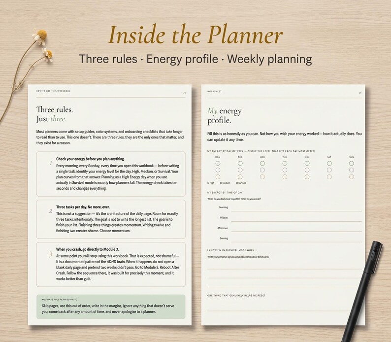 Puede incluir: P&aacute;ginas abiertas de un planificador con texto: "Inside the Planner", "Three rules" y "Energy profile". La p&aacute;gina izquierda detalla tres reglas de planificaci&oacute;n. La p&aacute;gina derecha es una hoja de c&aacute;lculo para el seguimiento de los niveles de energ&iacute;a. Un bol&iacute;grafo negro descansa en la p&aacute;gina derecha.