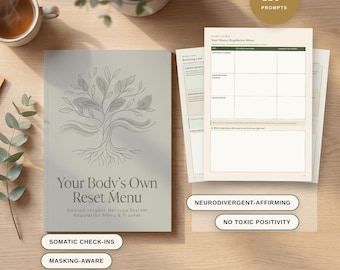 May include: A digital planner titled Your Body's Own Reset Menu with a tree illustration on the cover. The set includes 80 pages, 6 modules, and 110+ prompts for neurodivergent nervous system regulation. Features include somatic check-ins and masking-aware tools.