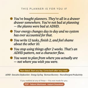 Puede incluir: Gr&aacute;fico color crema con texto: "Este planificador es para ti si..." seguido de vi&ntilde;etas que describen los desaf&iacute;os de planificaci&oacute;n del TDAH. Incluye texto "Sin fecha" y "PDF - Reboot Workbook - Descarga instant&aacute;nea".