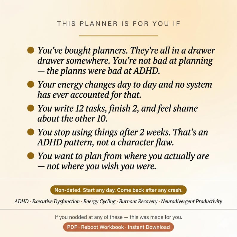 Puede incluir: Gr&aacute;fico color crema con texto: "Este planificador es para ti si..." seguido de vi&ntilde;etas que describen los desaf&iacute;os de planificaci&oacute;n del TDAH. Incluye texto "Sin fecha" y "PDF - Reboot Workbook - Descarga instant&aacute;nea".
