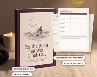May include: A digital journal titled For the Brain That Won't Clock Out, featuring a crescent moon and lantern illustration. The cover is cream with dark purple text. Included are internal pages with a table titled The Wind-Down At A Glance.