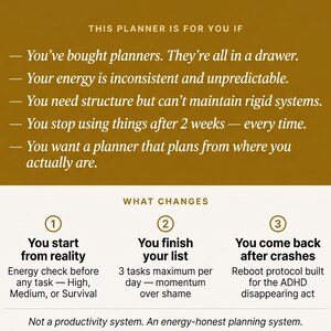 Puede incluir: Un planificador digital con texto que dice "This planner is for you if..." y "What changes". El planificador est&aacute; dise&ntilde;ado para personas con energ&iacute;a inconsistente y dificultad para mantener sistemas r&iacute;gidos. Se enfoca en comenzar desde la realidad, terminar listas y recuperarse despu&eacute;s de los contratiempos.