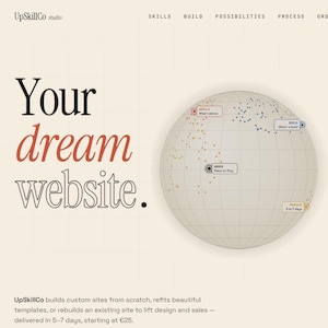 Op de afbeelding: Advertentie voor website-ontwerp met de tekst "Your dream website." Een wereldbol-afbeelding toont datapunten en labels zoals "Skills" en "Order on Etsy". Het UpSkillCo studio logo staat bovenaan.