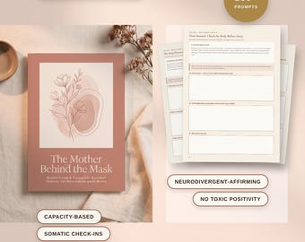 May include: A journal titled The Mother Behind the Mask: Motherhood & Caregiver Burnout Journal for Neurodivergent Moms, featuring a floral line art cover in dusty rose. Includes interior pages with prompts, 160+ prompts, 81 pages, 6 modules, and digital download labels.