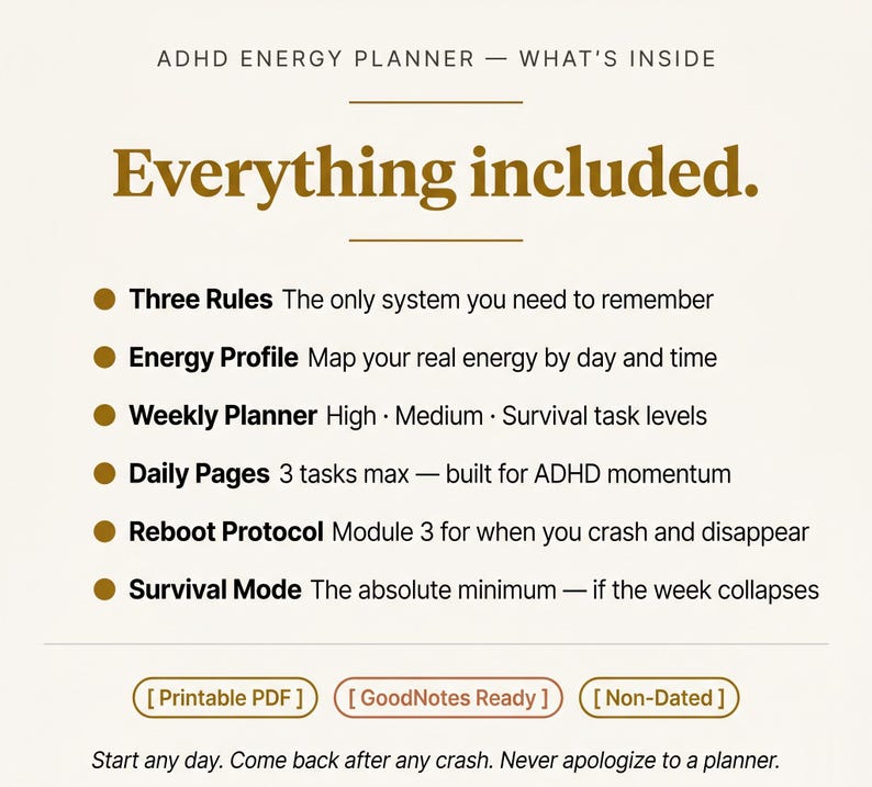 Puede incluir: Gr&aacute;fico beige para un planificador de energ&iacute;a TDAH, con el texto "Todo incluido" y vi&ntilde;etas que enumeran caracter&iacute;sticas como "Tres reglas", "Perfil de energ&iacute;a" y "Planificador semanal". Incluye opciones para PDF imprimible, GoodNotes y Sin fecha.