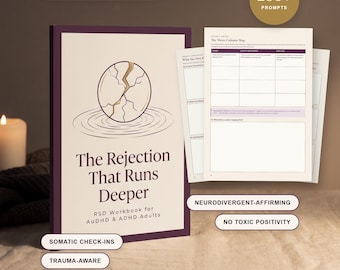 May include: A workbook titled The Rejection That Runs Deeper: RSD Workbook for AuDHD & ADHD Adults, featuring a cracked egg illustration. The set includes 81 pages, 5 modules, 200+ prompts, and internal pages showing a three-column map layout.