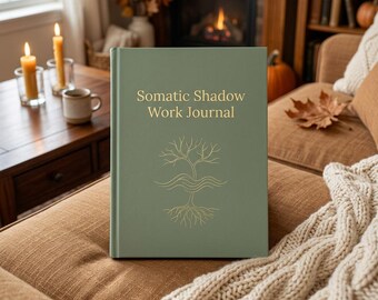May include: A sage green hardcover journal with the gold foil text Somatic Shadow Work Journal printed on the front cover. Below the text is a gold line art illustration of a tree with visible roots and branches centered on the cover.