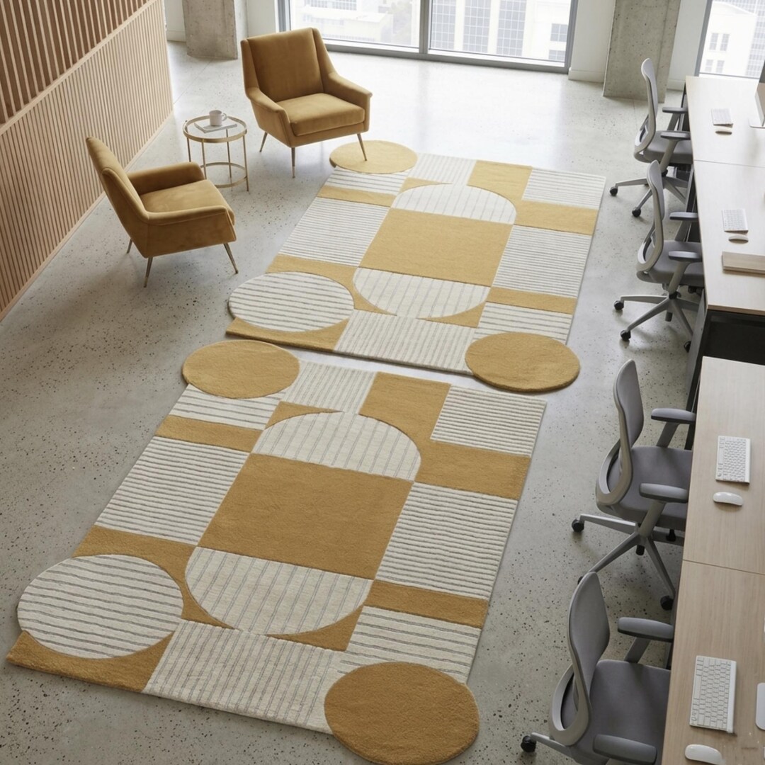 Bauhaus Style Asymmetrical 3D Tufted Wool Rug - Gold Off-white Modern ...