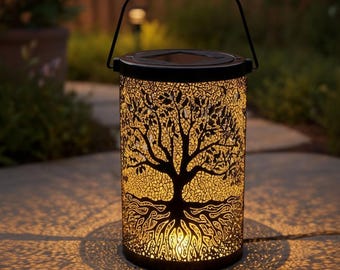 Solar Tree of Life Lantern Outdoor – Hanging Metal Garden Light, Waterproof Patio Yard Decor, LED Shadow Landscape Lamp Gift