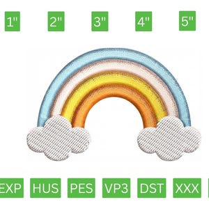 May include: An embroidered rainbow design with a light blue, peach, and yellow arch, flanked by two white clouds. The image displays 6 sizes ranging from 1 inch to 6 inches and lists file formats including PES, JEF, EXP, HUS, VP3, DST, XXX, SEW, and PEC.