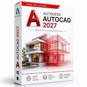 Puede incluir: Una caja de software rectangular blanca para Autodesk AutoCAD 2027. El frente presenta una letra A roja, el texto Design. Draft. Document. y un gráfico que muestra una casa moderna pasando de una imagen realista a un modelo de estructura 3D rojo.