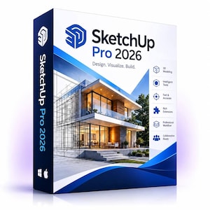 Peut inclure: Une boîte de logiciel rectangulaire pour SketchUp Pro 2026 au design blanc et bleu. La face avant présente un rendu architectural de maison moderne avec des superpositions filaires, le texte Design. Visualize. Build. et une liste de fonctionnalités.