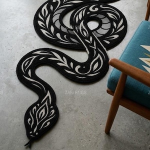 Alfombra de lana tejida a mano con diseño de serpiente negra, alfombra gótica con serpiente.